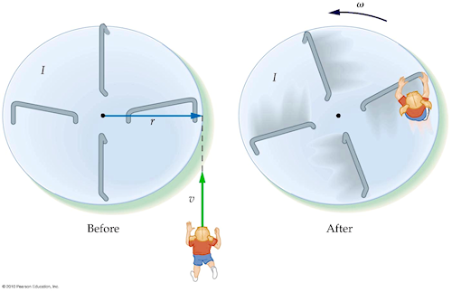 child runs and hops on merry-go-round